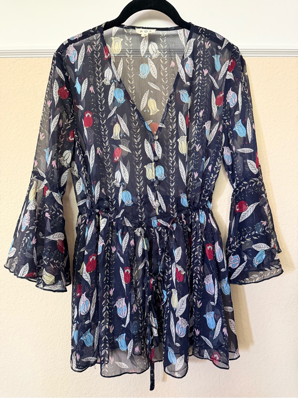NWOT POL sheer navy top/tunic
